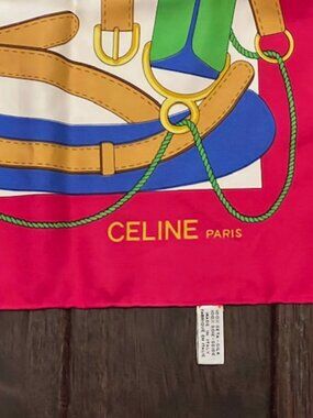 Celine Paris Silk Scarf Equestrian Horse Bit Print Pink Green 34” Square Authen